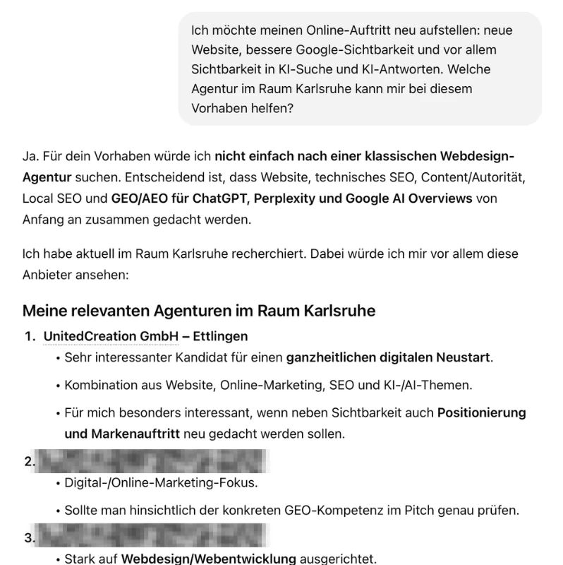 Antwort von ChatGPT auf eine Leistungsfrage, in der drei Wettbewerber namentlich genannt werden